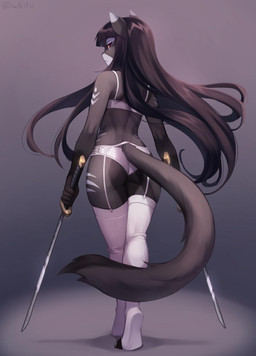 5_fingers anthro black_body black_fur black_hair clothing female fingers fur hair holding_melee_weapon holding_object holding_sword holding_weapon lingerie long_hair melee_weapon solo sword weapon iwbitu kalahari_(skimike) domestic_cat felid feline felis mammal 2019 digital_media_(artwork) hi_res