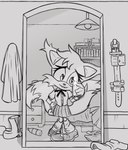 2_tails 4_fingers anthro baggy_socks bookshelf bottomwear cellphone cheek_tuft clothed clothing crossgender dipstick_tail electronics facial_tuft female fingers fluffy fluffy_tail footwear front_view fully_clothed furniture head_tuft holding_cellphone holding_object holding_phone inside looking_at_viewer markings mirror mirror_selfie mtf_crossgender multi_tail open_mouth open_smile phone pose selfie shirt skirt smile socks solo standing tail tail_markings tongue topwear tuft jumpjump sega sonic_the_hedgehog_(series) miles_prower tails_doll canid canine fox mammal 2025 hi_res monochrome