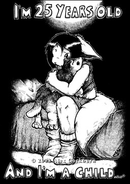 ambiguous_gender anthro bed bedding blanket clothed clothing footwear fully_clothed fur furniture hair hug hugging_object hugging_plushie on_bed pillow plushie sitting sitting_on_bed socks solo stated_adult stated_age tail text o-kemono mammal 2008 black_and_white english_text monochrome shaded