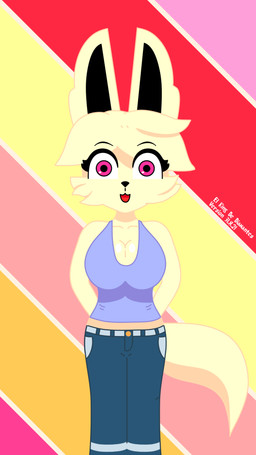 anthro big_breasts blue_bottomwear blue_clothing blue_jeans blue_pants bottomwear breasts cleavage clothed clothing denim denim_bottomwear denim_clothing female fur hands_behind_back jeans looking_at_viewer open_mouth open_smile pants pattern_background pink_eyes purple_clothing purple_shirt purple_tank_top purple_topwear shirt simple_background small_waist smile solo striped_background tail tank_top topwear yellow_body yellow_fur castigo canid mammal 9:16 hi_res portrait three-quarter_portrait