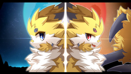 anthro bandage bandage_on_face bandage_on_nose big_eyes biped blue_eyes clone cute_fangs duo fangs fur kemono looking_at_viewer male open_mouth red_eyes slim_anthro slim_male teeth white_body white_fur yellow_body yellow_fur hlg7777 2021