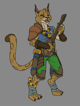 anthro armor bard claws clothed clothing digitigrade eyes_closed facial_scar feet female foot_wraps fur grey_background holding_musical_instrument holding_object lute markings melee_weapon musical_instrument open_mouth open_smile playing_music plucked_string_instrument scabbard scar sheathed_weapon shoulder_guards simple_background smile solo spots spotted_body spotted_fur standing string_instrument sword tan_body tan_fur toe_claws vambrace weapon wraps tehartmonkey dungeons_and_dragons forgotten_realms hasbro idle_champions_of_the_forgotten_realms tales_from_candlekeep wizards_of_the_coast birdsong felid mammal tabaxi 3:4 official_art