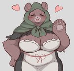 anthro big_breasts blush blush_lines breasts brown_body brown_fur brush cleavage clothed clothing eyelashes eyes_closed female front_view fur hand_on_hip heart_symbol hood mature_anthro mature_female open_mouth pawpads raised_arm simple_background smile smiling_at_viewer solo white_background anotherbearsimp mama_mellow_(anotherbearsimp) bear mammal 2023 hi_res