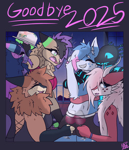 anthro barbell_piercing belly bottomwear breasts cheek_markings clothing crop_top dress eyelashes facial_markings female fluffy freckled_face freckled_shoulders freckles group gynomorph hair head_markings intersex long_eyelashes male markings night overweight piercing shirt shorts topwear tuft kariwolf197 mythology new_year_2026 catalyst_(pm) charmaine_(kariwolf197) n4ut skyler_(pm) umbra_(pm) zoey_(kariwolf197) bovid canid canine canis caprine dragon fox goat hybrid hyena mamagen mammal mythological_creature mythological_scalie scalie synth_(vader-san) wolf hi_res