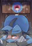 after_anal ambiguous_gender anthro anus ass_up blue_body blue_fur blush bodily_fluids cum cum_in_ass cum_inside detailed_background drooling fur gaping gaping_anus generation_4_pokemon genital_fluids glory_hole heart_eyes heart_symbol hi_res japanese_text lucario lying mommomma114 nintendo on_front penetration pokemon pokemon_(species) red_eyes saliva sex solo tears text