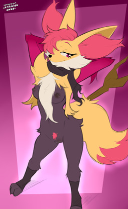 3_toes anthro areola biped black_areola black_nipples breasts clothing crotch_tuft feet female footwear front_view fur genitals hair inner_ear_fluff looking_at_viewer medium_breasts multicolored_body multicolored_fur navel nipples pink_eyes pokemorph pubes red_body red_fur red_hair scarf simple_background smile socks solo standing tail toes tuft vulva yellow_body yellow_fur yellow_tail amazinggwen nintendo pokemon delphox generation_6_pokemon pokemon_(species) 2025 absurd_res digital_drawing_(artwork) digital_media_(artwork) hi_res
