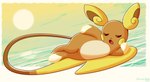 ambiguous_gender big_tail cheek_spots eyes_closed lying on_side open_mouth outside paws sea solo sun tail text tongue water yellow_cheeks sol-lar-bink nintendo pokemon alolan_form alolan_raichu generation_7_pokemon pokemon_(species) regional_form_(pokemon) 2025 artist_name english_text hi_res