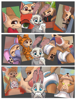 ageplay anal anal_penetration anthro anthro_on_anthro anthro_penetrated anthro_penetrating anthro_penetrating_anthro balls big_ears biped bodily_fluids bulge camera clean_diaper clothed clothing cum diaper diaper_fetish diaper_penetration diapered_male duo electronics erection erection_in_diaper exposed_diaper genital_fluids genitals infantilism lying male male/male male_penetrated male_penetrating male_penetrating_male onesie pacifier penetration penis phone roleplay sex sitting size_difference smaller_penetrated surprised wearing_diaper kuuneho disney zootopia finnick_(zootopia) jack_savage nick_wilde canid canine fennec_fox fox lagomorph leporid mammal rabbit red_fox true_fox absurd_res comic hi_res
