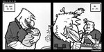 age_difference annoyed anthro beak beak_scar burger clothing collared_shirt dot_eyes dress_shirt duo feather_beard feather_hair feathers food gesture hand_gesture happy male male/male pseudo_hair shirt simple_background simple_eyes smile smiling_at_viewer text thumbs_up topwear two_panel_image white_background cerdeorhys gonzalo_(cerdeorhys) hernan_(cerdeorhys) avian bird corvid corvus_(genus) oscine passerine raven 2:1 black_and_white comic digital_media_(artwork) english_text hi_res monochrome father_(lore) father_and_child_(lore) father_and_son_(lore) parent_(lore) parent_and_child_(lore) parent_and_son_(lore) son_(lore)