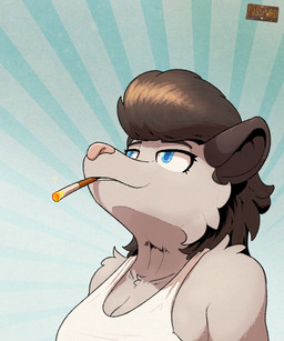 anthro big_breasts black_ears black_eyebrows black_hair blue_eyes blue_pupils breasts cigarette cigarette_in_mouth cleavage clothed clothed_anthro clothed_female clothing collarbone eyebrows eyelashes female female_anthro fur grey_body grey_fur hair logo looking_up mullet object_in_mouth pink_nose pupils shirt smoking smoking_cigarette snout solo tank_top topwear white_clothing white_shirt white_tank_top white_topwear posspowered frieren_looking_up bonnie_vale_(posspowered) american_opossum mammal marsupial virginia_opossum 2025 5:6 artist_logo hi_res icon meme