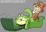 anthro big_butt black_scarf butt clothing computer duo electronics female from_behind_position fur green_body green_fur hand_on_butt laptop male male/female orange_body orange_fur scarf sex white_scarf scrapcorcist hanna-barbera jellystone_(hbo_max) top_cat_(series) fancy-fancy_(top_cat) spook_(top_cat) domestic_cat felid feline felis mammal hi_res