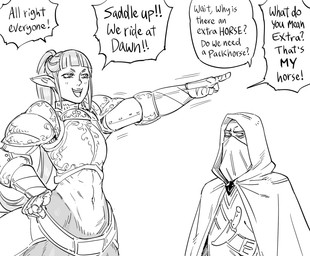 abs animal_ears armor blush cloak clothing duo extended_arm female gesture hair hand_gesture hand_on_hip hood knife long_hair male mask midriff pointing ponytail text baalbuddy dungeons_and_dragons european_mythology greek_mythology hasbro mythology wizards_of_the_coast centaur equid equid_taur human humanoid_taur mammal mammal_taur taur english_text hi_res monochrome