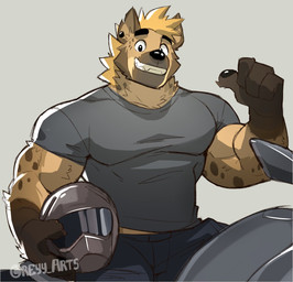anthro armor biceps big_muscles black_eyes bottomwear clothed clothing ear_piercing eyebrows fully_clothed gesture hand_gesture headgear helmet holding_object inner_ear_fluff looking_at_viewer male muscular muscular_male pawpads pecs piercing pointing pointing_at_self raised_eyebrows shirt simple_background sitting smile smiling_at_viewer solo t-shirt topwear triceps tuft greyy hyena mammal spotted_hyena 2025 hi_res signature