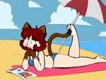 3_toes 4_fingers anthro bangs barefoot beach beach_towel beach_umbrella bikini biped black_ears black_markings blue_bikini blue_bikini_bottom blue_bikini_top blue_clothing blue_sky blue_swimwear bottomwear breasts brown_inner_ear brown_markings brown_tail cat_tail cheek_tuft clothed clothing cloud countershade_feet countershade_torso countershading detailed_background dipstick_tail eye_through_hair eyebrow_through_hair eyebrows eyelashes eyelashes_through_hair facial_tuft fangs feet female fingers fur furgonomic_bottomwear furgonomics gloves_(marking) hair lying lying_on_ground magazine markings on_front on_ground on_towel outside parasol pawpads paws pointy_ears polka_dot_bikini polka_dots prick_ears raised_foot red_hair red_tongue red_towel sand sea seaside sky solo swimwear tail tail_markings tan_body tan_fur tan_tuft teeth toes tongue topwear towel translucent translucent_hair tuft two-piece_swimsuit water kabula_(artist) priscilla_(kabula) domestic_cat felid feline felis mammal 2019 colored digital_drawing_(artwork) digital_media_(artwork) hi_res