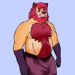 anthro belly big_belly clothed clothing facial_hair fur hair looking_at_viewer male nude pecs simple_background smile solo chase_shinien bear felid feline giant_panda hybrid lion mammal pantherine 1:1 hi_res