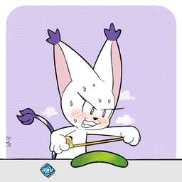 anthro aroused blush bodily_fluids clothing condom condom_wrapper cucumber eyelashes female food fruit fur gloves handwear open_mouth plant sexual_barrier_device smile solo spiral_pupils sweat tail white_body white_fur mr_harinezumi bandai_namco digimon bianc_(el_senor_erizo) digimon_(species) felid gatomon mammal 1:1 absurd_res hi_res