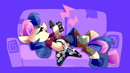 blue_hair bottomwear bracelet clothing cutie_mark denim denim_bottomwear denim_clothing denim_shorts electric_guitar eyes_closed female feral furniture guitar hair holding_object hooves jewelry lying multicolored_hair musical_instrument on_back open_mouth pink_hair plucked_string_instrument quadruped shorts sofa solo spiked_bracelet spikes string_instrument tan_body teeth two_tone_hair nekosnicker flying_v friendship_is_magic gibson hasbro my_little_pony bonbon_(mlp) earth_pony equid equine horse mammal pony 2021 absurd_res hi_res