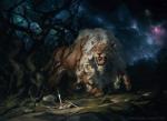 blue_eyes claws fangs feral fur hair male mane melee_weapon night open_mouth orange_body orange_fur outside plant shield sky solo star sword teeth tree weapon white_hair slawomir_maniak hasbro magic:_the_gathering wizards_of_the_coast felid lion mammal pantherine official_art