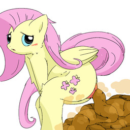 anus blue_eyes blush blush_lines butt covering covering_self crouching cutie_mark embarrassed excessive_feces fart feces female feral gaping gaping_anus hair looking_at_viewer pink_hair pink_tail pooping puffy_anus scatplay simple_background solo stink_fumes tail three-quarter_view toony wings toilet_paper_(pixiv) friendship_is_magic hasbro my_little_pony mythology fluttershy_(mlp) equid equine mammal mythological_creature mythological_equine pegasus 1:1 2026 digital_media_(artwork)