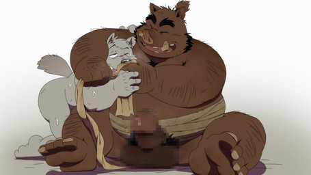 anthro asian_clothing balls black_nose bodily_fluids brown_body clothing duo east_asian_clothing erection feet fundoshi genitals grey_body japanese_clothing kemono male male/male musk overweight overweight_male penis sitting sniffing sweat underwear eto1212 canid canine canis domestic_dog mammal suid suine sus_(pig) wild_boar 2026 censored hi_res