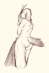 anthro beak biped butt eyelashes feathered_crest feathers female head_crest holding_net long_neck looking_at_viewer looking_back nude rear_view simple_background solo tail tail_feathers white_background bonnie_guerra avian bird heron pelecaniform hi_res monochrome