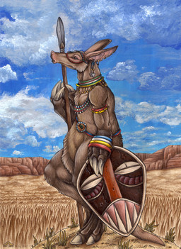 3_toes 4_fingers anthro armlet barefoot biped bracelet brown_body brown_fur claws cloud day desert ear_piercing feet fingers fur grass holding_object holding_weapon jewelry long_ears male melee_weapon muscular muscular_anthro muscular_male neck_ring necklace nude outside piercing plant polearm shield side_view sky solo spear standing toes tribal weapon bloodhound_omega conditional_dnp aardvark mammal detailed