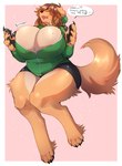 2021 absurd_res anthro big_breasts black_bottomwear black_clothing black_shorts blush blush_lines border bottomwear breast_expansion breasts brown_hair canid canine canis cleavage clothed clothing curled_tail dialogue digital_drawing_(artwork) digital_media_(artwork) domestic_dog expansion female green_clothing green_jacket green_topwear hair hair_over_eyes hi_res hoodie jacket kitsuneten mammal open_mouth pink_background shorts simple_background solo tail thick_thighs topwear white_border