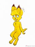 anthro barefoot biped blonde_hair blue_eyes chest_tuft feet female fur hair open_mouth simple_background solo text tuft white_background yellow_body yellow_fur yordraw zoophobia kayla_(zoophobia) hybrid 3:4 hi_res url