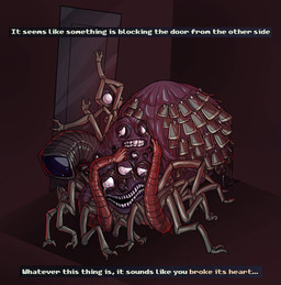 bodily_fluids camera crying cybernetics door machine male multi_face multi_limb sad solo tears text daimera look_outside lyle_(look_outside) arachnid arthropod monster spider english_text hi_res
