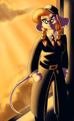 anthro belt blonde_hair clothed clothing ear_piercing female fully_clothed hair necktie piercing solo sunset uniform mazapan sly_cooper_(series) sony_corporation sony_interactive_entertainment sucker_punch_productions penelope_(sly_cooper) mammal mouse murid murine rodent hi_res