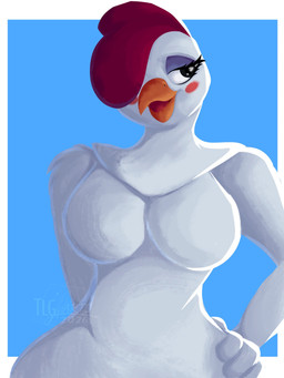 anthro avian_caruncle beak big_breasts blush breasts comb_(anatomy) eyeshadow female hand_on_hip head_crest makeup open_mouth solo white_body tlg_arts la_pechugona avian bird chicken galliform phasianid 3:4 hi_res