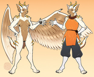 anthro arm_wraps breasts brown_body brown_eyes brown_fur clothed clothed_anthro clothed_female clothing dark_inner_pussy dark_nipples feathered_wings feathers female fur genitals horn humanoid_genitalia humanoid_vulva leg_wraps monk_beads nude nude_anthro nude_female pawpads shaolin_monk solo spread_wings vulva white_body white_fur wings wraps dalipuff mythology canid canine dragon hybrid mammal mythological_creature mythological_scalie scalie digital_media_(artwork) model_sheet