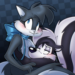 anthro big_tail black_body black_fur blue_collar blue_eyes blush bow_collar checkered checkered_background chest_tuft collar duo female fur hug hugging_another looking_at_viewer male male/female markings needy pattern_background simple_background striped_markings striped_tail stripes tail tail_markings tuft white_body white_fur jusrhkuhoh looney_tunes warner_brothers penelope_pussycat pepe_le_pew domestic_cat felid feline felis mammal mephitid skunk 1:1 hi_res