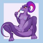 3_toes anthro barefoot blue_nipples blue_tongue breasts claws curved_horn feet female genitals horn licking_popsicle nipples nude purple_body purple_claws purple_feet purple_scales pussy red_eyes scales simple_background sitting toe_claws toes tongue tongue_out xzorgothoth kobold reptile scalie 1:1 absurd_res hi_res