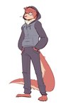 anthro bottomwear clothed clothing eyewear facial_tuft front_view fur glasses hair hand_in_pocket hoodie kerchief male mouth_closed orange_body orange_hair pants pockets simple_background solo standing tail topwear tuft koda_jd summer_(m1ch) mammal mustelid otter 2019 absurd_res colored_sketch hi_res portrait sketch