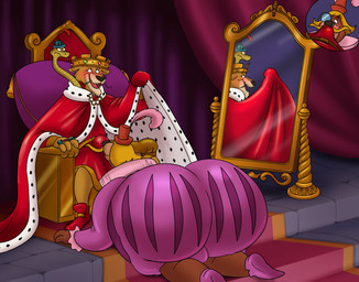 anthro bedroom_eyes belt big_butt bloomers bottomwear butt cape chair clothing costume crotch_sniffing crown curtains cutaway duo erection erection_under_clothing eyewear fake_mustache footwear furniture genitals glaring_at_another hat hat_feather headgear headwear huge_butt kneeling loose_feather male male/male mirror monocle narrowed_eyes open_mouth pants penis penis_sniffing pillow raised_arm reflection ring seductive shirt shoes sitting smile sniffing standing_mirror teeth_showing throne tongue tongue_out topwear tunic whiskers wig smallfryspy little_john prince_john sir_hiss bear felid lion mammal pantherine reptile scalie snake hi_res