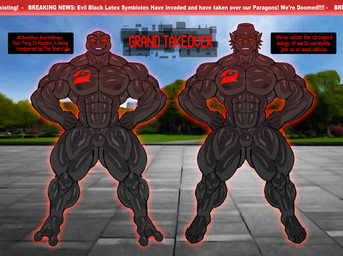 alien_abduction anthro arms_at_sides ball_bulge biceps black_body bulge chest_markings clothing corruption duo fedora glistening glistening_body glowing glowing_body grin grinning_at_viewer hat headgear headwear heroic_pose hypnosis implied_hypnosis latex latex_clothing latex_skinsuit letter male male/male markings mind_control multicolored_body muscular muscular_anthro muscular_male muscular_thighs news news_report nipples no_pupils null null_bulge pecs photo_background red_eyes red_tattoo skinsuit smile smiling_at_viewer speech_bubble striated_muscles superhero symbol takeover tattoo teeth_showing text tight_clothing tiburalgo tiburalgo_(character) amphibian animal_humanoid bat fish fish_humanoid frog humanoid hybrid mammal marine marine_humanoid shark_humanoid english_text photography_(artwork)