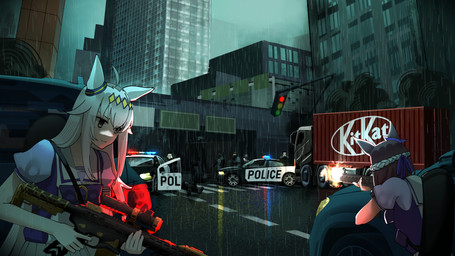 ambiguous_gender ambiguous_human armored_vehicle asian_clothing brown_hair car city clothing duo_focus east_asian_clothing female female_humanoid group gun hair holding_gun holding_object holding_ranged_weapon holding_rifle holding_weapon japanese_clothing japanese_school_uniform outside police police_car police_vehicle raining ranged_weapon rifle road school_uniform serafuku shipping_container shootout traffic_light truck uniform vehicle weapon white_hair ashenmash cygames kitkat uma_musume_pretty_derby oguri_cap_(pretty_derby) special_week_(pretty_derby) animal_humanoid equid equid_humanoid equine equine_humanoid horse_humanoid human humanoid mammal mammal_humanoid 16:9 2026 absurd_res hi_res widescreen
