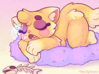 anthro blush bubble eyelashes eyes_closed female female_anthro fishbone fur gradient_background inner_ear_fluff nude nude_anthro nude_female open_mouth simple_background sleeping solo tail thigh_fluff tuft yellow_body yellow_fur skellybeanz peaches_(skellybeanz) domestic_cat felid feline felis mammal 2024 4:3 hi_res