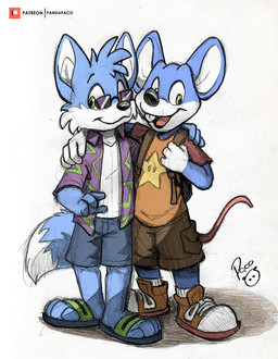 anthro blue_body blue_bottomwear blue_clothing blue_fur blue_shorts blue_tail bottomwear brown_bottomwear brown_clothing brown_footwear brown_shoes brown_shorts closed_smile clothed clothing dipstick_tail duo eyewear footwear front_view fur glistening glistening_eyes green_eyes happy logo looking_at_viewer male male_anthro markings mouth_closed open_clothing open_mouth open_smile open_topwear orange_clothing orange_shirt orange_t-shirt orange_topwear pink_tail print_clothing print_shirt print_t-shirt print_topwear purple_clothing purple_topwear red_clothing red_shirt red_t-shirt red_topwear sandals shirt shoes shorts simple_background smile standing star_print sunglasses t-shirt tail tail_markings teeth topwear white_background white_body white_clothing white_fur white_tail white_topwear young young_anthro young_male pandapaco canid canine fox mammal mouse murid murine rodent artist_logo painting_(artwork) signature traditional_media_(artwork) traditional_painting_(artwork)