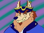 anthro blue_clothing blue_nose brown_body brown_fur chest_tuft clothing ear_piercing ear_ring fur male notchilla420 piercing pirate pirate_hat ring_piercing simple_background skurv_the_coyote_(indigo_park) solo tuft yellow_sclera canid canine canis coyote mammal digital_drawing_(artwork) digital_media_(artwork) hi_res