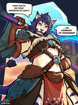 anthro armor armwear axe blue_eyes blue_hair bottomwear breasts claws clothed clothing dialogue elbow_gloves fangs female finger_claws fur gloves hair hand_on_hip handwear heterochromia holding_object holding_weapon inner_ear_fluff loincloth looking_at_viewer muscular muscular_anthro muscular_female open_mouth orange_eyes pose sharp_teeth simple_background solo speech_bubble straps striped_body striped_fur stripes strong_female tail tail_tuft teeth text tuft weapon white_body white_fur vateo final_fantasy final_fantasy_xiv square_enix felid hrothgar mammal 2025 digital_media_(artwork) english_text hi_res pinup