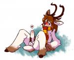 anthro antlers balls big_penis biped blue_eyes blush blush_lines brown_body brown_fur brown_hair chest_tuft erection fur genitals glans hair hooves horn humanoid_genitalia humanoid_penis long_hair long_penis lying male masturbation on_back penile penile_masturbation penis scarf simple_background smile solo spread_legs spreading tuft white_body white_fur mewgle sen_(mewgle) deer mammal digital_media_(artwork) shaded