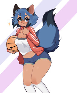 anthro basketball blue_hair bottomwear breasts clothed clothing eyelashes female footwear fully_clothed hair holding_object jacket legwear licking licking_lips licking_own_lips midriff navel red_clothing red_jacket red_topwear self_lick shirt shorts socks solo standing tongue tongue_out topwear white_clothing white_footwear white_legwear white_socks fredek666 brand_new_animal nike studio_trigger michiru_kagemori canid canine mammal raccoon_dog tanuki digital_media_(artwork) hi_res portrait three-quarter_portrait