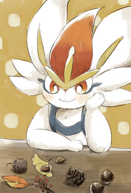 acorn anthro autumn berry biped blue_body blue_fur blush food fruit fur hair hand_on_cheek leaf nut_(fruit) pinecone plant red_eyes red_hair sitting smile solo white_body white_fur yellow_inner_ear vadtgj nintendo pokemon cinderace generation_8_pokemon pokemon_(species) 2024 hi_res