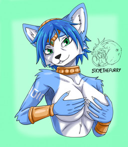 anthro big_breasts black_nose blue_body blue_fur blue_hair breasts choker covering covering_breasts female fur gold_(metal) green_eyes hair hand_on_breast jewelry nails necklace solo white_body white_fur allartskye nintendo star_fox krystal_(star_fox) canid canine fox mammal hi_res