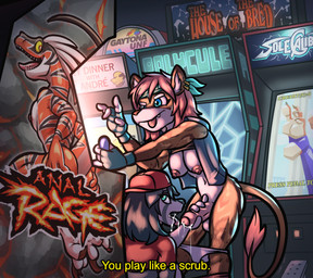 anthro arcade arcade_machine areola backwards_baseball_cap backwards_hat balls baseball_cap bodily_fluids bottomwear bottomwear_down breasts butt casual_sex clothed clothing cum cum_from_mouth cum_in_mouth cum_inside cum_string detailed_background dialogue distracted distracted_sex duo ear_piercing erection feet fingerless_gloves fingers foreskin fur genital_fluids genitals gloves grabbing_own_butt gynomorph hair hand_on_penis handwear hat headgear headwear holding_penis humanoid_genitalia inside intersex jacket looking_back male nipples nude open_clothing open_jacket open_mouth open_topwear partially_clothed partially_retracted_foreskin pecs penis piercing raised_clothing raised_topwear sex shirt tail text toes tongue tongue_out topwear underwear underwear_down bassybefuddle conditional_dnp ari_(kalofoxfire) canid canine canis dinosaur dromaeosaurid felid lion mammal pantherine prehistoric_species reptile saurischian scalie theropod velociraptor wolf digital_media_(artwork) english_text hi_res