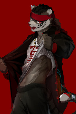 abs accessory anthro black_body black_coded black_fur clothing dreadlocks ear_piercing fur furgonomics headband jacket jewelry male muscular necklace piercing red_background red_eyes ring simple_background solo striped_body stripes tail tail_accessory tail_jewelry tail_ring tiger_wing topwear undressing white_background shabi96522 felid mammal pantherine tiger 2:3