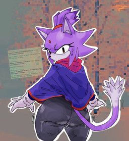 anthro big_butt black_bottomwear black_clothing black_eyes black_nose black_pants bodily_fluids bottomwear butt clothed clothing dipstick_tail eyelashes female forehead_gem fur gem gloves handwear looking_at_viewer looking_back looking_back_at_viewer markings pants purple_body purple_clothing purple_fur purple_topwear rear_view solo sweat sweatdrop tail tail_markings thick_thighs topwear white_body white_clothing white_fur white_gloves white_handwear wide_hips apple_whore outcome_memories sega sonic_the_hedgehog_(series) blaze_the_cat domestic_cat felid feline felis mammal hi_res