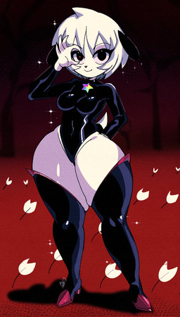 anthro black_ears boots clothing evil_look female flower footwear fur high_heeled_boots high_heels huge_hips huge_thighs latex latex_clothing legwear leotard looking_at_viewer markings multicolored_accessory plant pupils red_cross red_pupils shoes small_tail smile smiling_at_viewer solo star_(marking) tail thick_thighs thigh_highs tree white_body white_fur wide_hips nupi nopy_(nupi) canid canine mammal hi_res